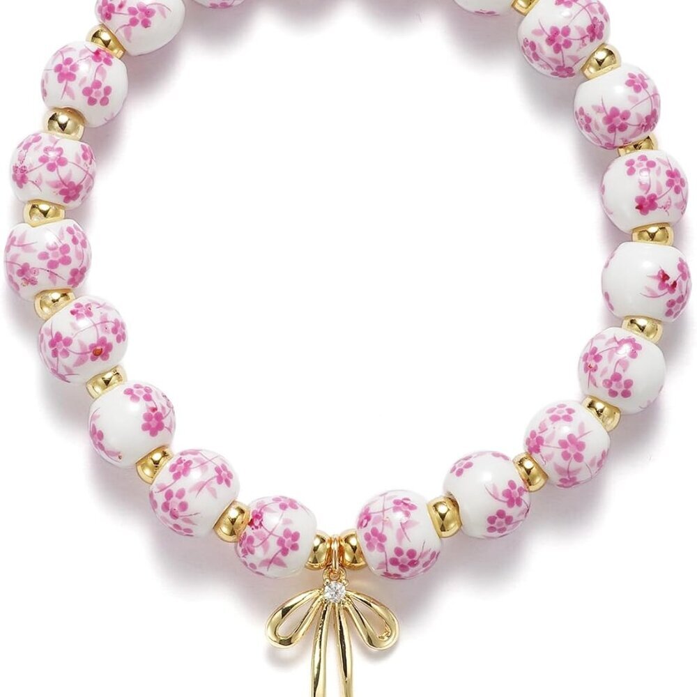 Beads Bow Charm Bracelet for Women Flower Vintage Bracelet Handmade Stretch Gold